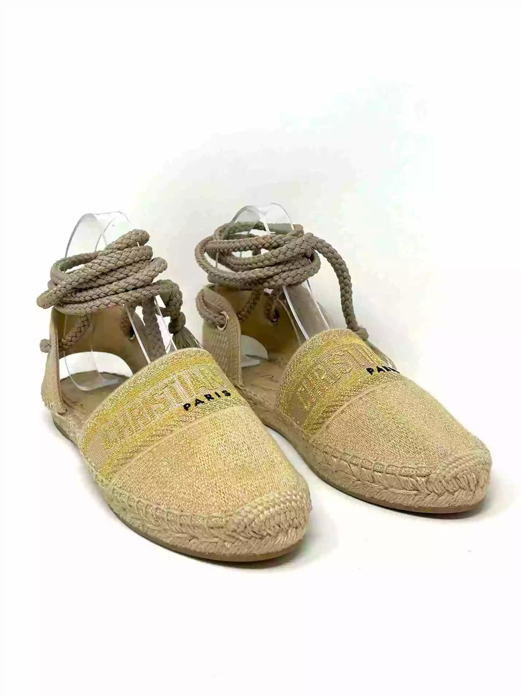 Dior Granville Cream Embroidered Lace Up Espadrille Sandals