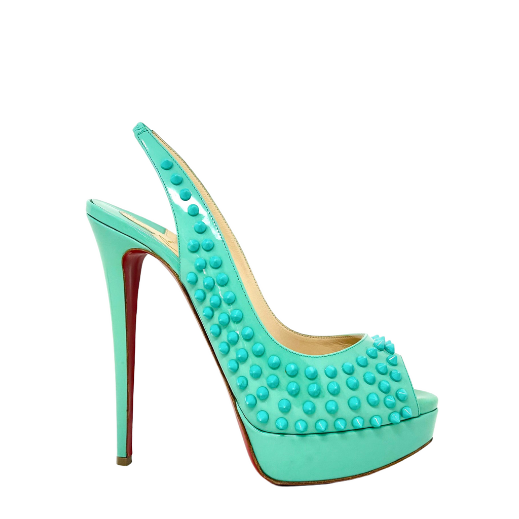 Christian Louboutin Lady Peep Sling Spikes 150 Aquamarine Patent