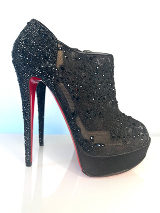 Christian Louboutin Swarovski Crystal Lace Platform Peep-Toe Booties Size 38.5 UK5.5