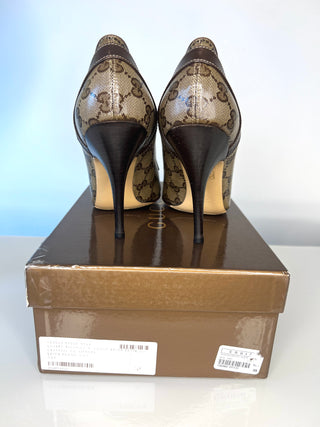 Gucci GG Canvas Leather Bow Brown Pumps Heels – Size 39 UK 6