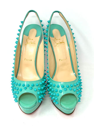 Christian Louboutin Spikes Turquoise Patent Peep Toe Sling Back Heels