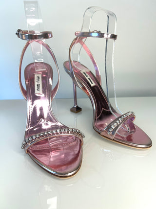 Miu Miu Metallic Pink Crystal-Embellished Sandals – Size 37 UK 4