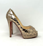 Christian Louboutin Sobek 140 Gold Patent Satin Mirror Effect Peep Toe Heels 39 UK 6