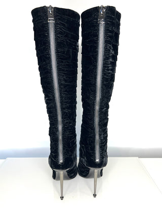 Tom Ford Preloved Black Velvet Pleated Knee-High Heel Boots 41 UK8