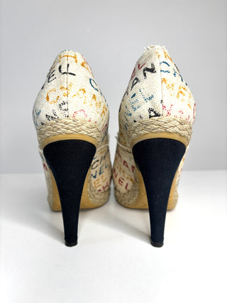 Pre-loved Chanel Cream/Black Logo Printed Canvas Espadrille Heels Booties 39.5 UK6.5