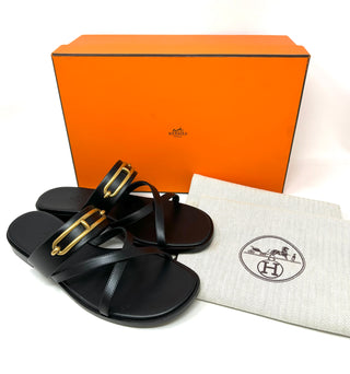 Hermes Black Leather Aged Gold Buckle Sandals