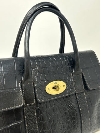 Mulberry Bayswater Black Leather Mock Croc Small Tote Handbag