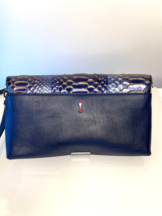 Christian Louboutin Rougissime Nuit Blue Metallic Python Clutch Shoulder Bag