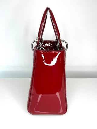 Dior Pre-Loved Lady Dior Medium Deep Red/Burgundy Patent Leather Bag