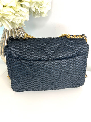 Chanel Preloved Large Chanel 19 Navy Raffia Tweed Flap Bag