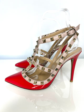 Valentino Garavani Rockstud 100 Red Patent Leather Caged Heels 37 UK4