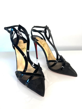 Christian Louboutin Double L Pump 100 Black Patent Leather & Mesh Heels – EU 35.5 / UK 2.5