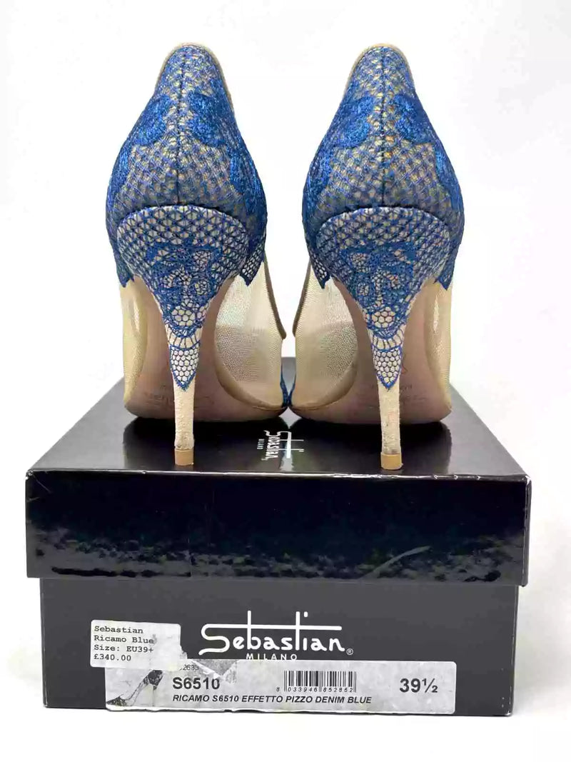 Sebastian Milano Nude Mesh Blue Lace Heels 39.5 UK 6.5