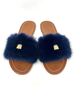 Louis Vuitton Brown Leather Dark Blue Mink Fur Slides