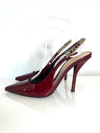 Gucci Pre-Loved Signoria Slingback Rosso Ancora Burgundy Patent Leather Heels 37 UK4