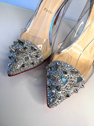 Christian Louboutin Just Picks 100 PVC Crystal Spike Silver Leather Pumps Heels - Size 40 UK7