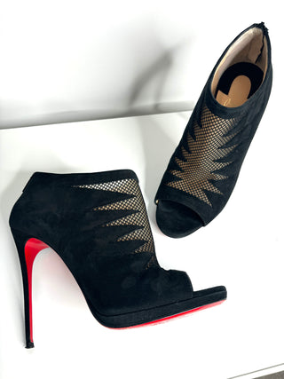 Christian Louboutin Disorder Black Suede Mesh Peep-Toe Booties 41.5 UK8.5