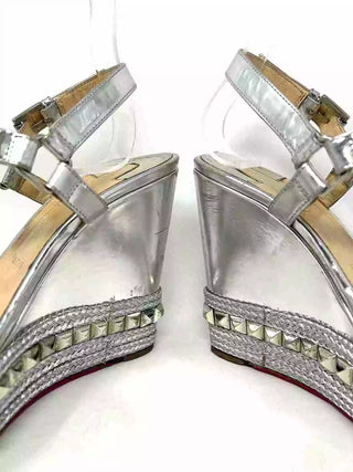 Christian Louboutin Pyraclou Silver Leather Pyramid Studded Wedge Sandals Small Fit 41 UK 8