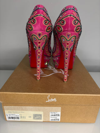 Christian Louboutin Bollywoody Pink Suede Peep Toe Heels 38 UK5