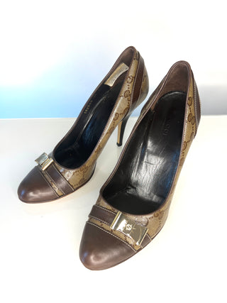 Gucci GG Canvas Leather Bow Brown Pumps Heels – Size 39 UK 6