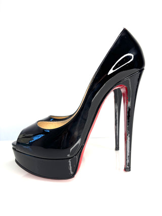 Christian Louboutin Preloved Lady Peep Black Patent Platform Heels 37 UK4