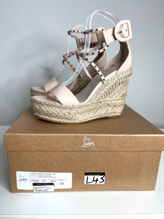 Christian Louboutin Chocazeppa Spikes 120 Beige Wedge Sandals 38 UK5