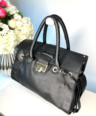 Black grained leather handbag with Jimmy Choo logo light gold-tone clasp on front