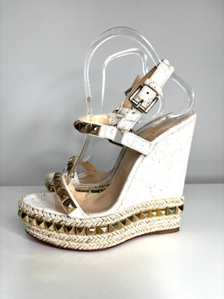 Christian Louboutin Cataclou White/Light Gold Wedge Sandals 38 UK5