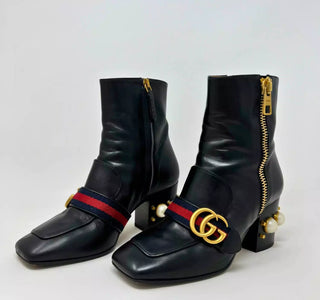 GUCCI Marmont Logo And Faux Pearl-embellished Leather Ankle Boots 36 UK3