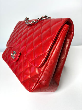 Chanel Jumbo Red Lambskin Classic Single Flap Shoulder Bag - Preloved