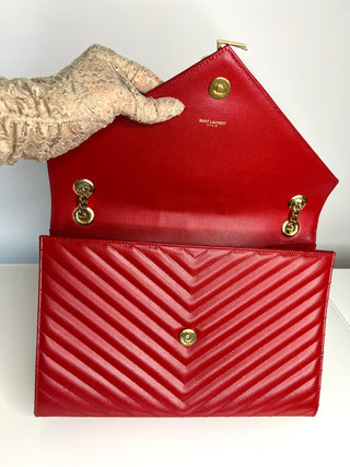 Saint Laurent YSL Pre-Loved Large Envelope Red Chevron Quilted Leather Shoulder Bag