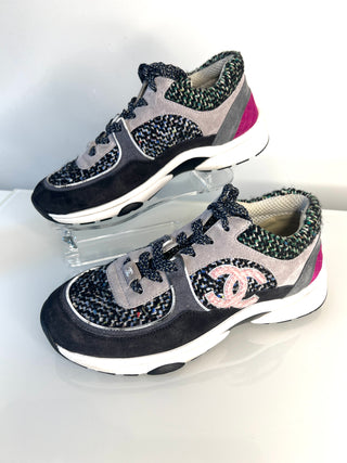 Chanel Preloved Multicolor Tweed Suede CC Sneakers Trainers 38.5 UK5.5