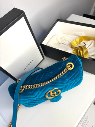 Gucci GG Marmont Small Turquoise Blue Velvet Shoulder Bag