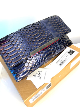 Christian Louboutin Rougissime Nuit Blue Metallic Python Clutch Shoulder Bag