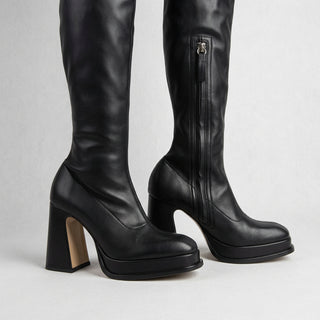 Souliers Martinez Velvet 100 Black Faux Leather Over-the-Knee Platform Boots – Size EU37/UK 4