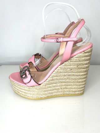 Gucci GG Marmont Pink Leather Espadrille Wedge Sandals 40.5 UK7.5