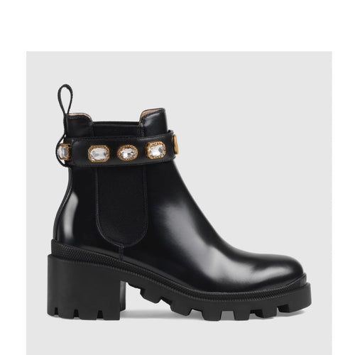 Gucci Black Leather Ankle Boot With Belt And Crystals 