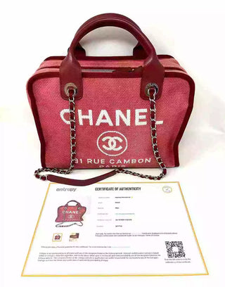 Chanel Deauville Dark Pink Red Canvas Bowling Bag