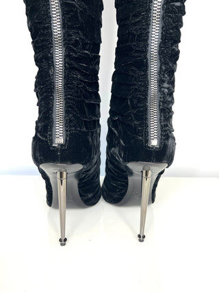 Tom Ford Preloved Black Velvet Pleated Knee-High Heel Boots 41 UK8