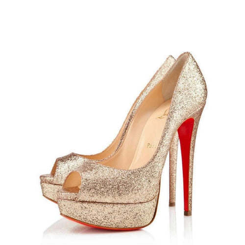 Christian Louboutin Gold Glitter Platform Peep Toe Heels 