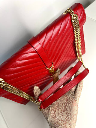 Saint Laurent YSL Pre-Loved Large Envelope Red Chevron Quilted Leather Shoulder Bag