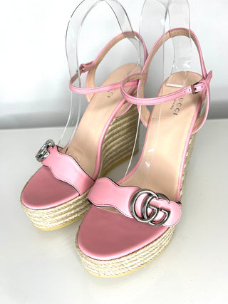 Gucci GG Marmont Pink Leather Espadrille Wedge Sandals 40.5 UK7.5