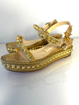 Christian Louboutin Pyradiams Gold Studded Platform Wedge Sandals Large 35 UK2