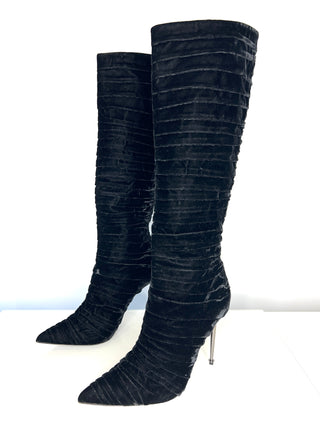 Tom Ford Preloved Black Velvet Pleated Knee-High Heel Boots 41 UK8