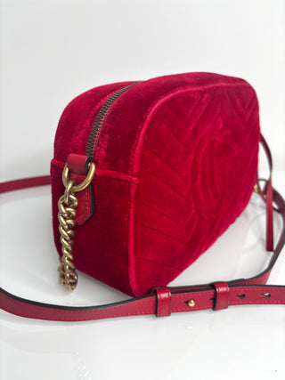 Gucci GG Marmont Matelasse Red Velvet Camera Shoulder Bag