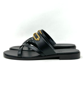 Hermes Black Leather Aged Gold Buckle Sandals