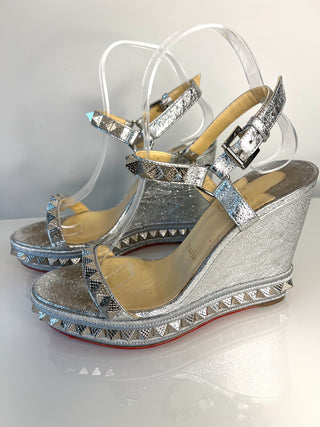Christian Louboutin Pyraclou 110 Silver Specchio Vintage Leather Wedge Sandals 40 UK7