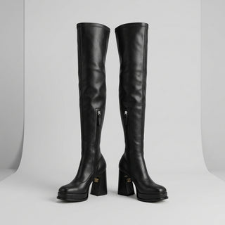 Souliers Martinez Velvet 100 Black Faux Leather Over-the-Knee Platform Boots – Size EU37/UK 4