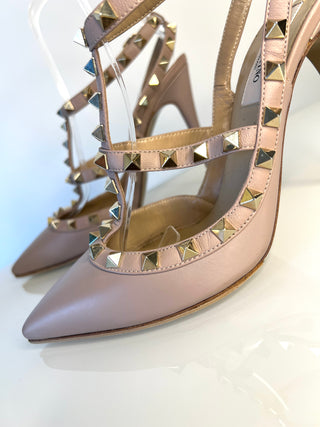 Valentino Garavani Rockstud 100 Caged Ankle Strap Beige Leather Heels 38 UK5