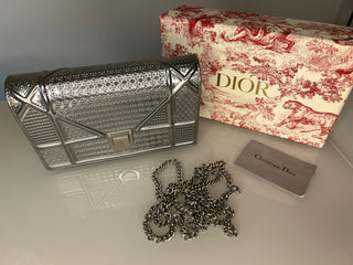 Christian Dior Metallic Diorama Silver Micro Cannage Wallet on Chain / Crossbody Bag
